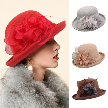 2021 Женская Теплая Шерстяная фетровая шляпа с цветами, Женская шляпа с широкими полями, осень-зима, Благородная Элегантная Модная Праздничная кепка для девочек, украшение