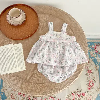 2023 Летний Корейский комплект одежды из 2 предметов для новорожденных девочек, Хлопковое Дышащее платье с цветочным принтом, шорты из полипропилена, Костюм для маленьких девочек