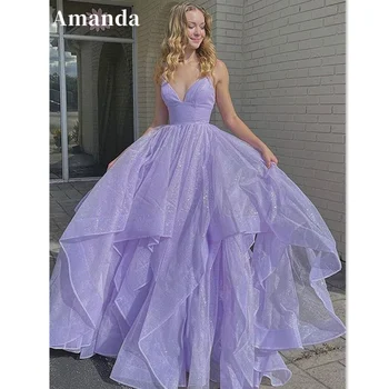 Amanda Sweet Фиолетовое платье для выпускного вечера 2023, блестящее вечернее платье на бретельках, без рукавов, трапециевидное вечернее платье
