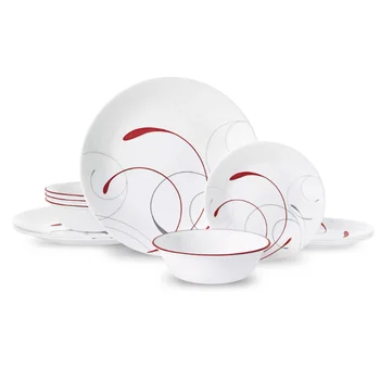Corelle®- Великолепный бело-красный круглый набор посуды из 12 предметов, обеденный сервиз, тарелки