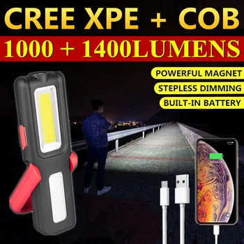 CREE XPE Светодиодный фонарик + COB Рабочая световая лента, магнитный прожектор для ремонта автомобилей, походный прожектор, встроенный аккумулятор 18650, USB-фонарик для зарядки