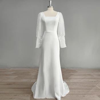 DIDEYTTAWL Реальные фотографии Свадебное платье Русалки с квадратным вырезом для женщин, длинные пышные рукава, стреловидный шлейф, простое свадебное платье