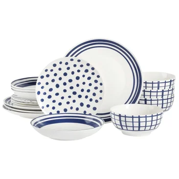 Gap Home Новый синий Набор посуды из 16 предметов с сине-белой наклейкой из тонкого Фарфора