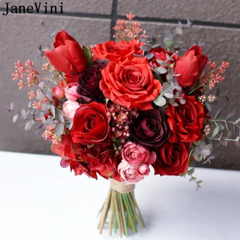 JaneVini Bruid Свадебный букет из красной Розы Невесты, Искусственный цветок, Тюльпан, Шелковые Букеты Невесты, Ретро Букеты Цветов, Аксессуары 2021