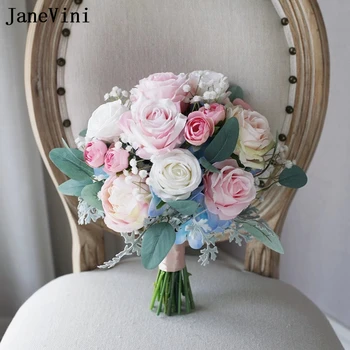 JaneVini Романтический Свадебный букет в западном стиле для Невесты Розово-Голубой Букет Искусственных цветов Свадебные Розы Fleur Pour Mariage