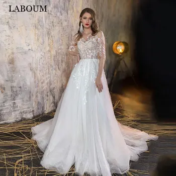 LaBoum Роскошные Свадебные платья Трапециевидной формы Для женщин 2023, Аппликации, Кружевное Платье с пуговицами для невесты, Платье с коротким рукавом и шлейфом
