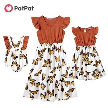 PatPat, 100% Хлопок, однотонное платье с развевающимися рукавами и оборками по низу, платье для мамы и меня