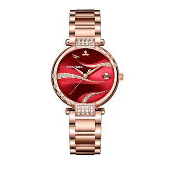 Reef Tiger/RT Красный циферблат из Розового золота Роскошные Модные женские часы с бриллиантами Браслет из нержавеющей стали Автоматический RGA1589