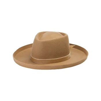 X4018 Шерстяные шляпы для взрослых, Модные шляпы с бархатным поясом, Декоративный пояс для обжима, шерстяной цилиндр с широкими полями, дорожная шляпа вогнутой формы