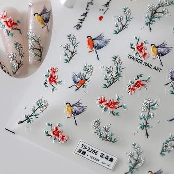 Акриловая наклейка для ногтей с гравировкой Птицы, Цветы, Дизайн ветвей, Самоклеящиеся Слайдеры для переноса ногтей, Обертывания, Фольга для маникюра Z0669