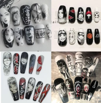 Аниме и манга, накладные кончики ногтей, Комикс ручной работы, стразы, искусственные ногти, искусственный ноготь в готическом стиле