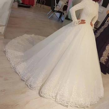 Бальное платье ANGELSBRIDEP с длинными рукавами, мусульманские свадебные платья, Robe de mariee, сексуальное вечернее платье невесты с аппликацией и высоким воротом и шлейфом