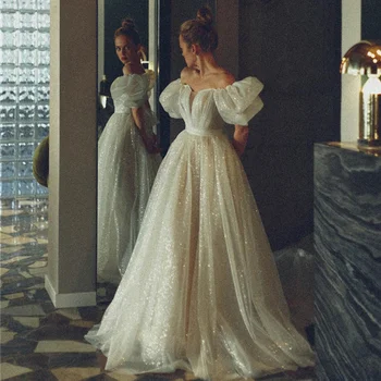 Блестящие свадебные платья принцессы с пышными короткими рукавами, винтажное платье невесты 2023, свадебные платья в стиле бохо