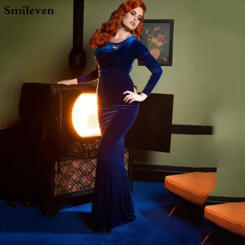 Вечерние платья Русалки из синего бархата Smileven, Дешевые платья для выпускного вечера с вырезом и шлейфом, простые женские вечерние платья