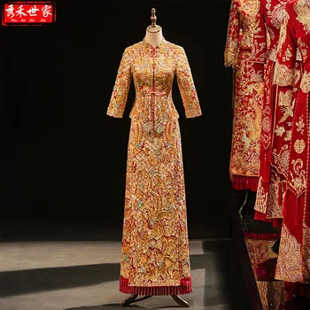 Восточное Золотое Платье С Вышивкой Дракона И Феникса, Китайское Традиционное Свадебное Платье Чонсам Для Невесты и Жениха китайская одежда