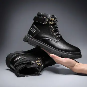 Горячая осень зима кожаные ботинки мужские классические черные на шнуровке Оснастки мужские сапоги на открытом воздухе противоскользящая высокая Повседневная обувь человек