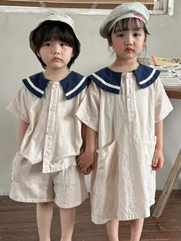 Детский летний комплект с коротким рукавом для мальчиков и девочек в академическом стиле 2023, Новое темно-синее детское платье для братьев и сестер
