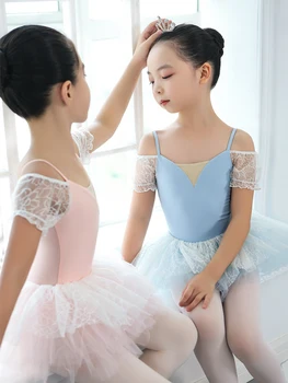 Детское Розово-Голубое Профессиональное Балетное трико-пачка с пышными рукавами для девочек, Танцевальная одежда, платье Балерины для детей