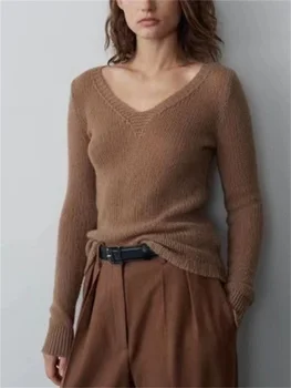 Женский однотонный вязаный свитер с V-образным вырезом, осенние новые женские универсальные французские тонкие пуловеры с длинными рукавами