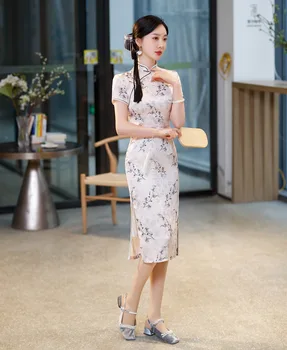 Женское платье Ципао с цветочным принтом в китайском стиле, традиционное сексуальное винтажное платье Ципао с коротким рукавом
