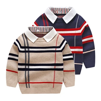 Зимний свитер для мальчиков, Детская хлопковая одежда в клетку от 2 до 8 лет, Брендовая Детская одежда, пуловер с отложным воротником, вязаный свитер для девочек, Детский топ
