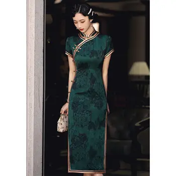 Китайский винтажный Чонсам Темно-зеленого цвета, улучшенное ретро-Республиканское Элегантное тонкое длинное платье Ципао, Традиционная одежда для женщин