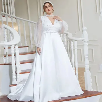 Классические Свадебные платья Больших размеров С глубоким V-образным вырезом, Кружевная аппликация, платье Невесты, Атласное Платье Трапециевидной формы, Vestidos De Novia Para Grande