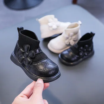 Кожаные туфли на плоской подошве с милыми цветами для маленьких девочек, Детская Повседневная обувь без застежки, Весенне-осенние детские носки, Обувь Черного цвета для малышей