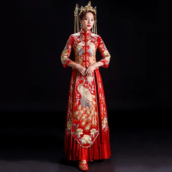 Красное Шампанское Невеста Банкетный Костюм Пара Современное Китайское Свадебное Платье Длинная Традиционная Одежда Китай Ципао китайская одежда