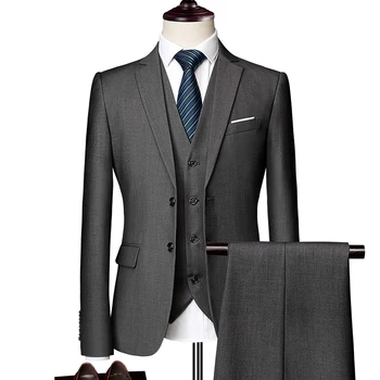 (Куртка + жилет + брюки) Мужской костюм-тройка, новый однотонный приталенный бутик деловой модной мужской одежды, комплект костюмов
