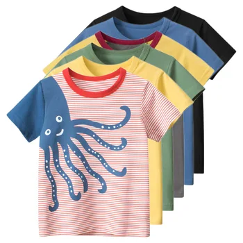 Летняя Футболка с осьминогом из мультфильма 2023 года, детская хлопковая футболка с коротким рукавом для мальчиков, одежда для мальчиков, детские топы с динозавром, прямая поставка