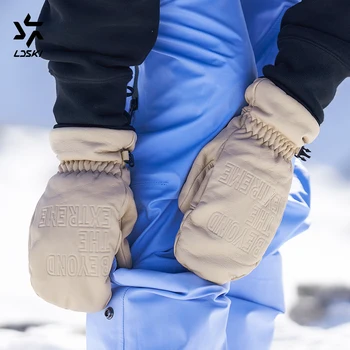Лыжные перчатки LDSKI, Кожаные Аксессуары для сноуборда, Женские и мужские, утепленные, Зимние, теплые, С пятью пальцами Внутри, Флисовые, водонепроницаемые