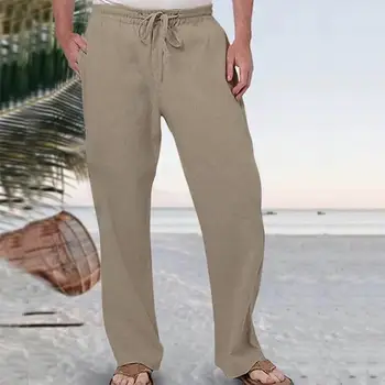 Мужские хлопчатобумажные льняные брюки, модные однотонные брюки с эластичной резинкой на талии, Свободные прямые брюки, Укороченные брюки, летние повседневные брюки