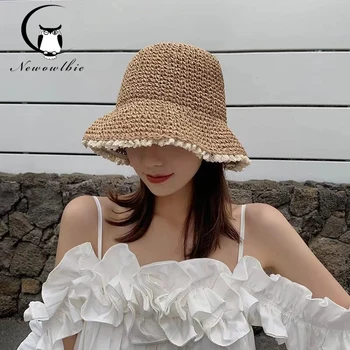 Новая Летняя женская соломенная шляпа, тканая однотонная шляпа, складная Солнцезащитная шляпа для женщин, Уличная Солнцезащитная шляпа, Пляжная Солнцезащитная кепка