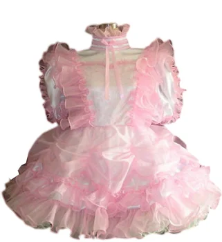 Новое Двухслойное Платье Горничной из Белого Атласа и Розовой Органзы Sissy с Замком на Заказ