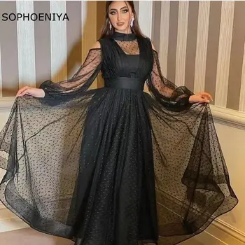 Новое Поступление Вечерних платьев с высоким воротом и длинным рукавом 2023 Черные тюлевые Вечерние платья Abaya dubai Party dress Vestidos de fiesta