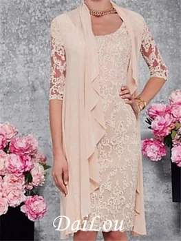 Платье для матери невесты трапециевидной формы из двух предметов с запахом, украшенным драгоценными камнями, длина до колен, Кружевной полурукав с аппликациями, 2021