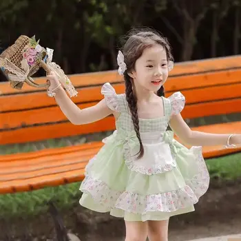 Платье принцессы в стиле Лолиты для девочек, Летнее платье, Детское Зеленое платье с цветочным рисунком, платье-пачка для маленьких девочек, Тонкое платье