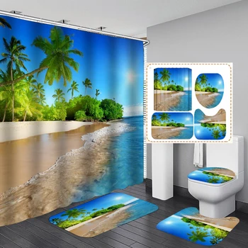 Пляжная занавеска для душа с морской тематикой, набор ковриков для ванной, Восход солнца на тропическом пляже, декорация для сцены, водонепроницаемый нескользящий набор для ванной, набор ковриков