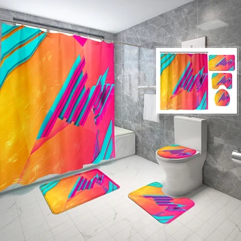 Разноцветные полосатые комплекты занавесок для душа, 4 предмета, крышка для унитаза и нескользящий коврик для ванной, простой абстрактный комплект занавесок для душа