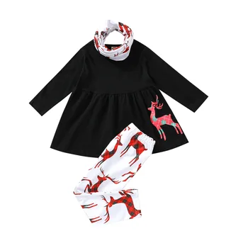 рождественская детская одежда для девочек 3 шт., Новая блузка и брюки с принтом Пятнистого Оленя, шейный платок, три комплекта, Детское Боди