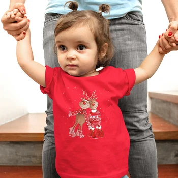 Рождественская одежда с оленями для девочек, модная детская футболка в стиле Каваи Харадзюку, Красные топы Оверсайз, Рождественская эстетичная детская футболка с героями мультфильмов