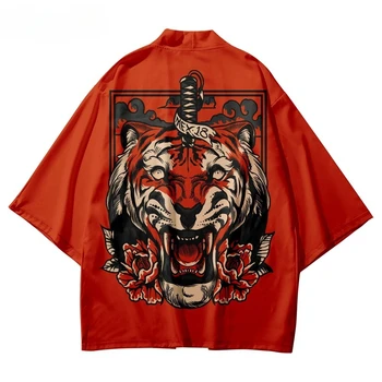 Рубашки с принтом красного меча тигра, пальто, традиционное кимоно для мужчин и женщин, кардиган в японском стиле Юката, косплей, одежда Хаори, большие размеры
