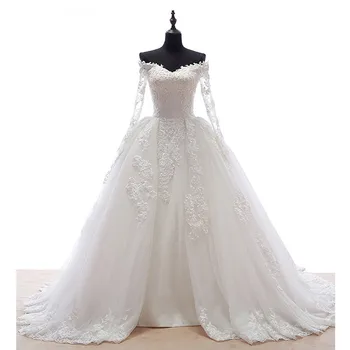 Свадебное платье ручной работы 2018, Бальное платье Принцессы с длинным рукавом и вырезом лодочкой, Кружевные аппликации, vestido de noiva, платья для матери невесты