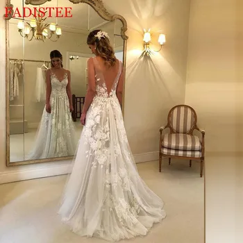 Свадебные платья без рукавов с кружевными аппликациями и V-образным вырезом в новом стиле, вечернее платье невесты атласное платье Vestido De Novia