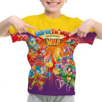 Футболка с принтом SuperThings Wild Kid Для мальчиков И девочек, Летняя футболка, Детская одежда, Детская футболка с героями мультфильмов, Топы с короткими рукавами