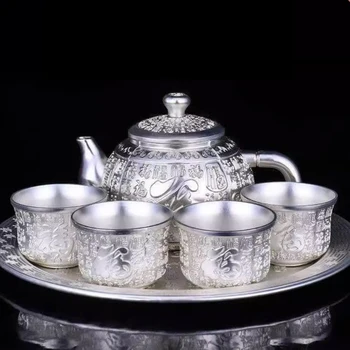 Чайный сервиз из стерлингового серебра 999 пробы, серебряный чайный сервиз, полный серебряный винный сервиз, 1 тарелка, 1 горшок, 4 чашки, чайный сервиз кунг-фу в китайском стиле