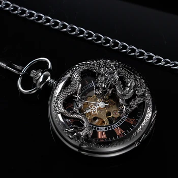 Черные механические карманные часы с полым драконом, ожерелье в стиле стимпанк, Металлические часы из нержавеющей стали, подвеска с короткой цепочкой, подарок