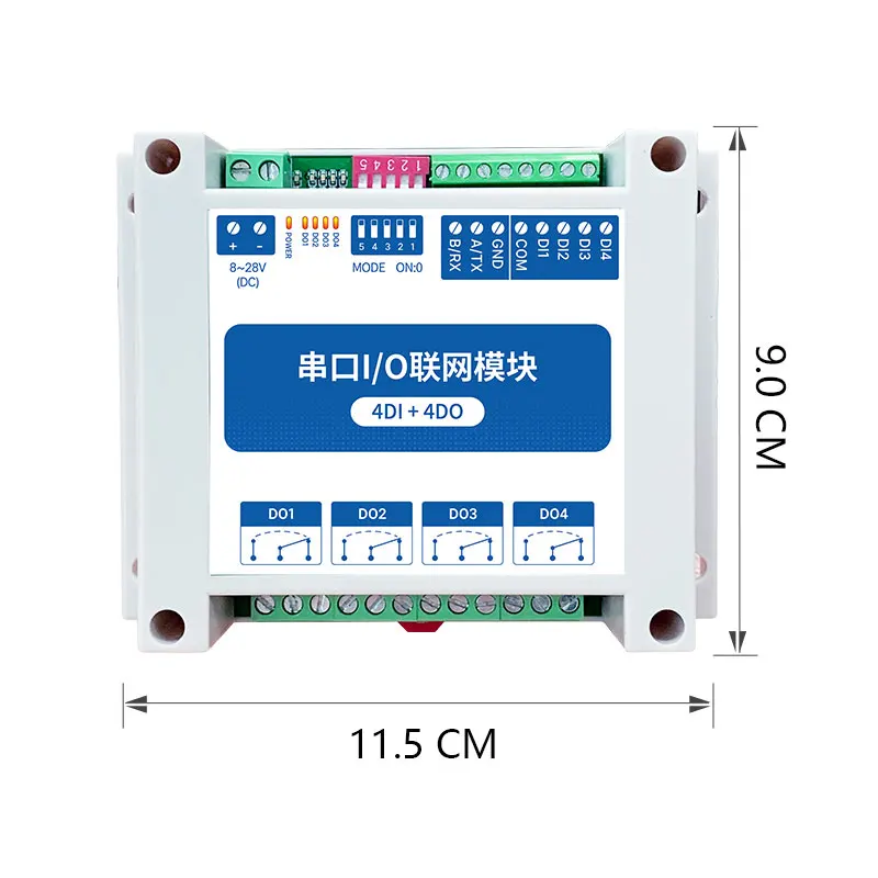 Модуль последовательного ввода-вывода ModBus RTU Интерфейс RS485 4DI + 4DO 4 Цифровых выхода Установка на рейку 8 ~ 28 В постоянного тока CDEBYTE MA01-AXCX4040
