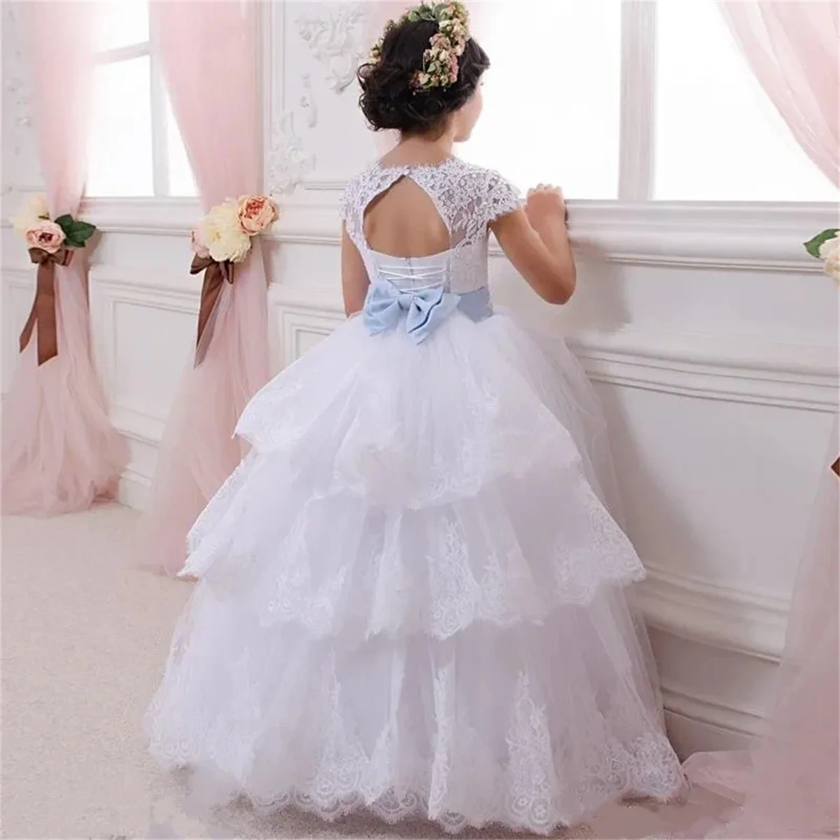 Платье в цветочек для девочки, белый пышный тюль, кружевной пояс с бантом, свадебный цветок, первый детский евхаристический бал, первое платье